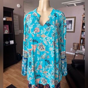 Belle Kim Gravel blue floral boho long sleeve Vneck blouse-size 1X